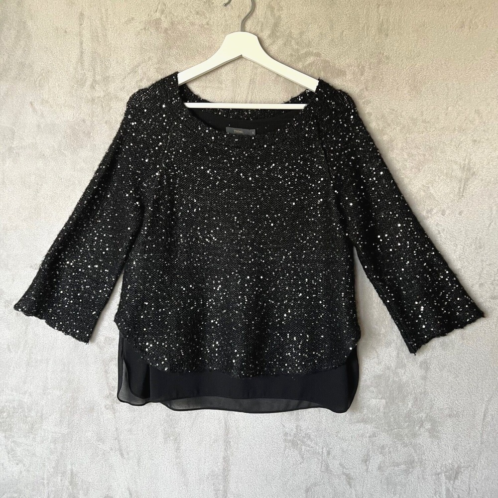 Anthropologie THML Sequin Sweater Blouse Womens Size S Black Party‎ Top Fairy